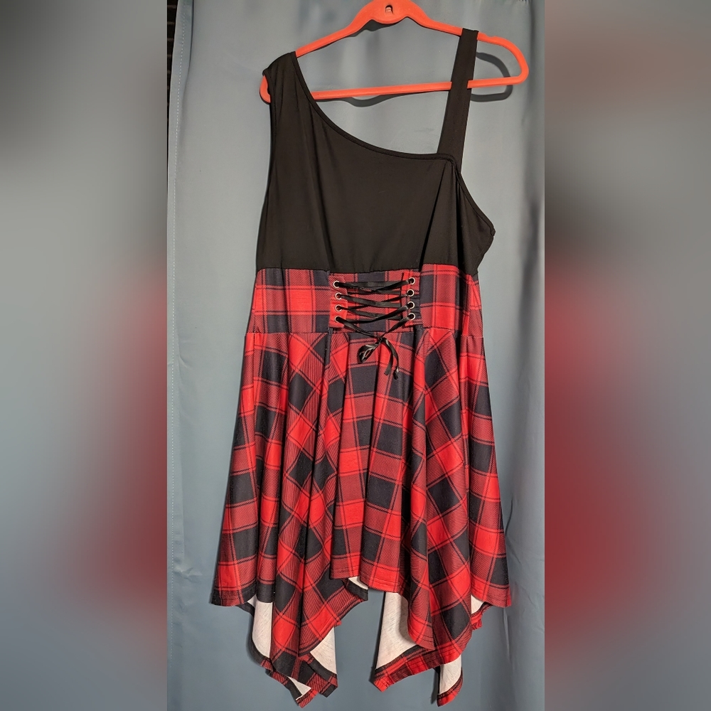 Plus Plaid Lace Up Hanky Hem Dress